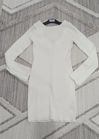 Beyaz Lastik Örgülü Midi Triko Elbise - Görsel 7