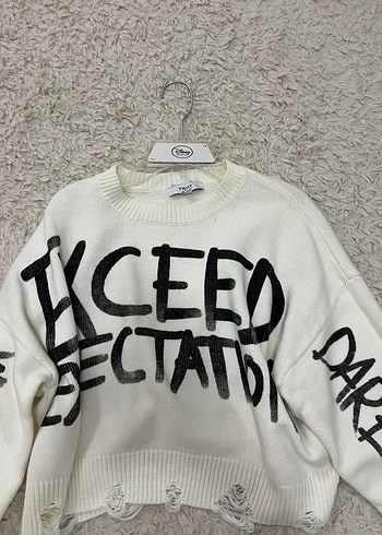 Twist Baskılı Beyaz Kadın Örgü Kazak - Görsel 3