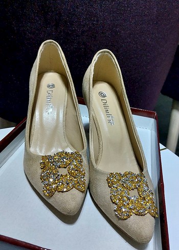 Bej Süet Taşlı Stiletto Kadın Abiye Ayakkabı - Görsel 2