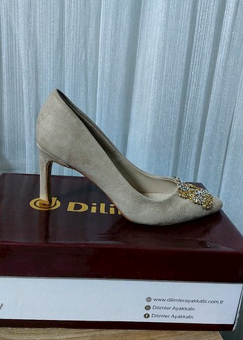 Bej Süet Taşlı Stiletto Kadın Abiye Ayakkabı - Görsel 5