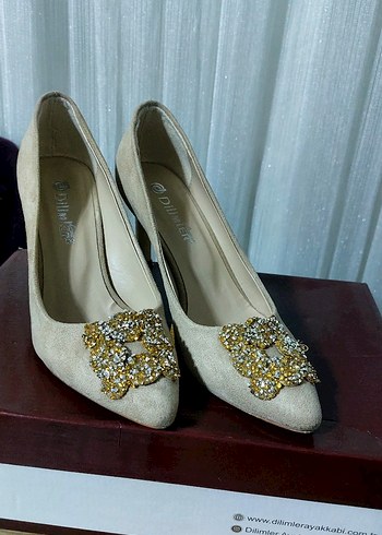Bej Süet Taşlı Stiletto Kadın Abiye Ayakkabı - Görsel 4
