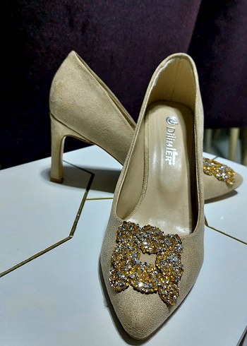 Bej Süet Taşlı Stiletto Kadın Abiye Ayakkabı - Görsel 3