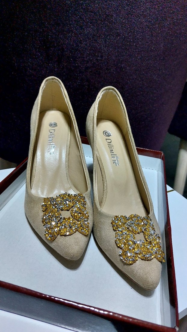 Bej Süet Taşlı Stiletto Kadın Abiye Ayakkabı - Görsel 2