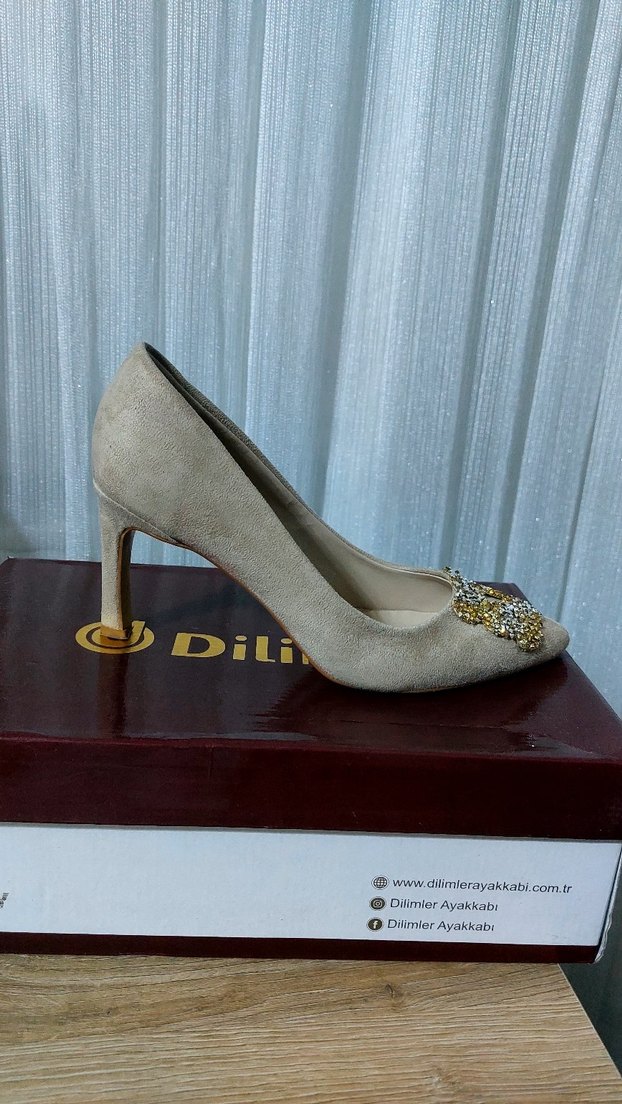 Bej Süet Taşlı Stiletto Kadın Abiye Ayakkabı - Görsel 5