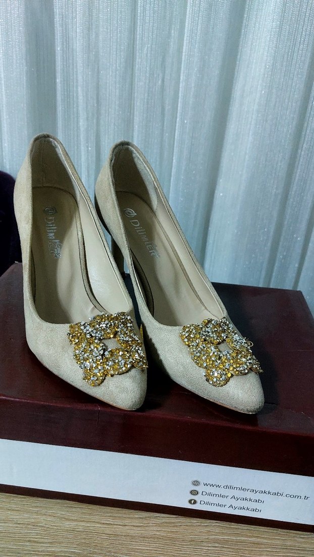 Bej Süet Taşlı Stiletto Kadın Abiye Ayakkabı - Görsel 4