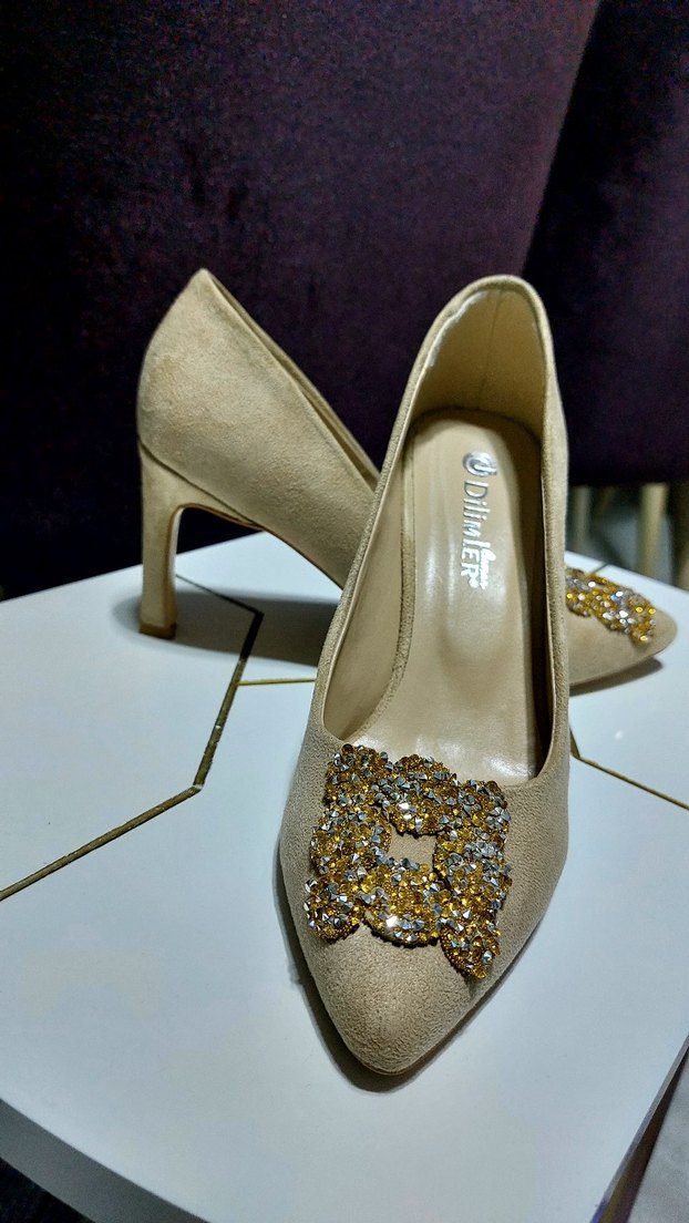 Bej Süet Taşlı Stiletto Kadın Abiye Ayakkabı - Görsel 3