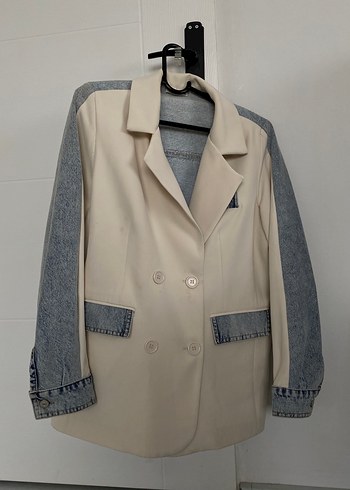 Zara Ekru Denim Detayli Cift Sirali Blazer