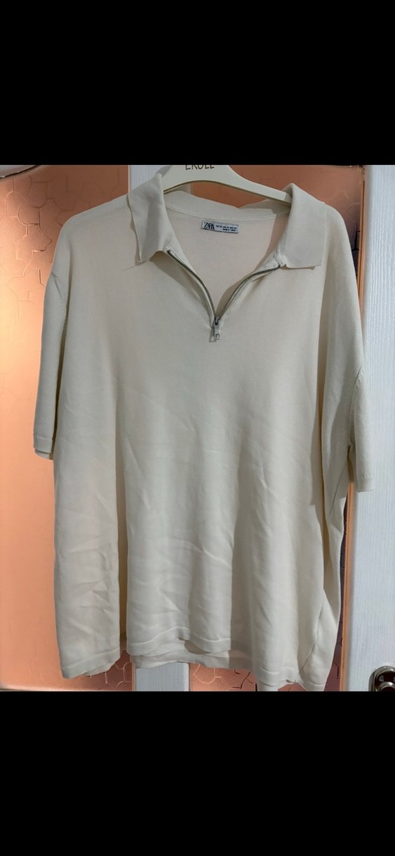 Beyaz Fermuarlı Keten Erkek Polo Tişört - Görsel 2