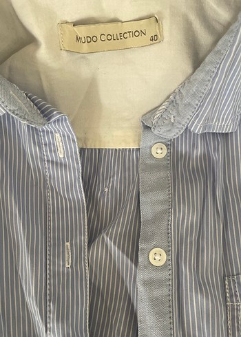 Mavi Düğmeli Uzun Kollu Keten Gömlek - Görsel 3