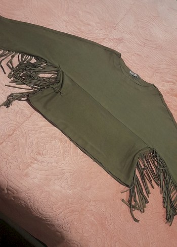 m Beden haki Renk Püsküllü Kadın Süet Panço - Salaş Kesim, Uzun Kollu
