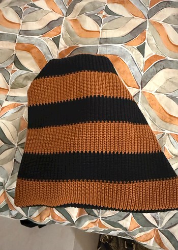 Çizgili Kapüşonlu Kahverengi Siyah Triko Kazak - Görsel 5