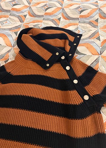 Çizgili Kapüşonlu Kahverengi Siyah Triko Kazak - Görsel 3