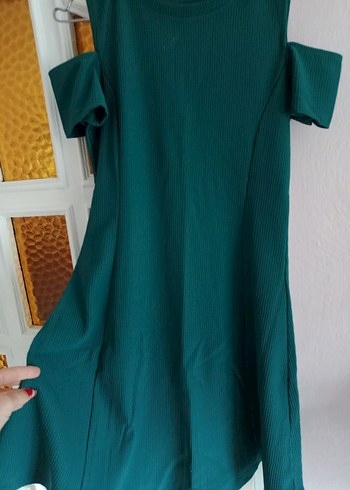 Diğer Yeşil Midi Rahat Kesim Omuz Detaylı Elbise