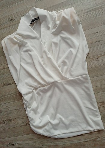 Beyaz Keten V Yaka Drapeli Kadın Bluz - Görsel 2