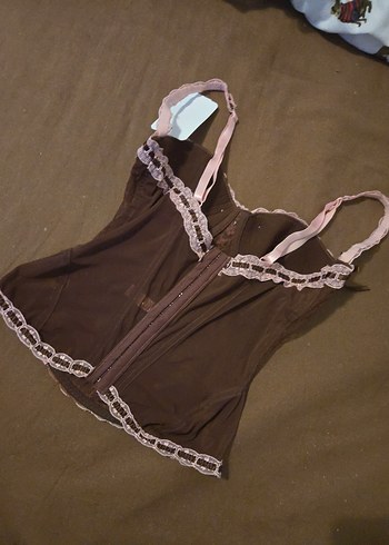 Dantelli Kahverengi pembe kurdeleli korse büstiyer - Görsel 3