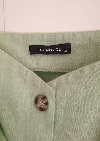 Fırfırlı yeşil Keten Bluz - Görsel 3