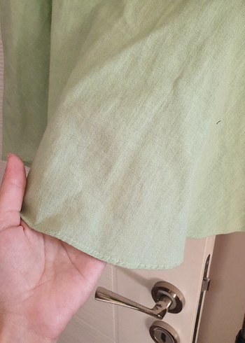 Fırfırlı yeşil Keten Bluz - Görsel 2