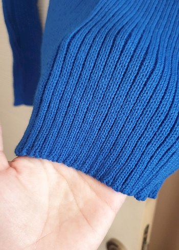 V Yaka saks mavisi Triko Kadın Kazak - Görsel 2