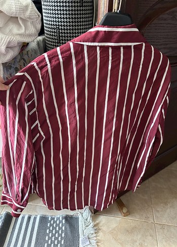 xl Beden Bordo Çizgili Düğmeli Uzun Kollu Kadın Gömlek