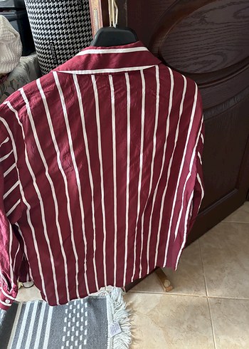 xl Beden bordo Renk Bordo Çizgili Düğmeli Uzun Kollu Kadın Gömlek