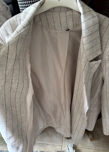 36 Beden camel Renk Bej Çizgili Kadın Keten Blazer Ceket