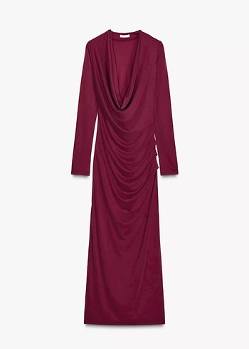 Zara Bordo Drapeli Uzun Kollu Uzun Elbise