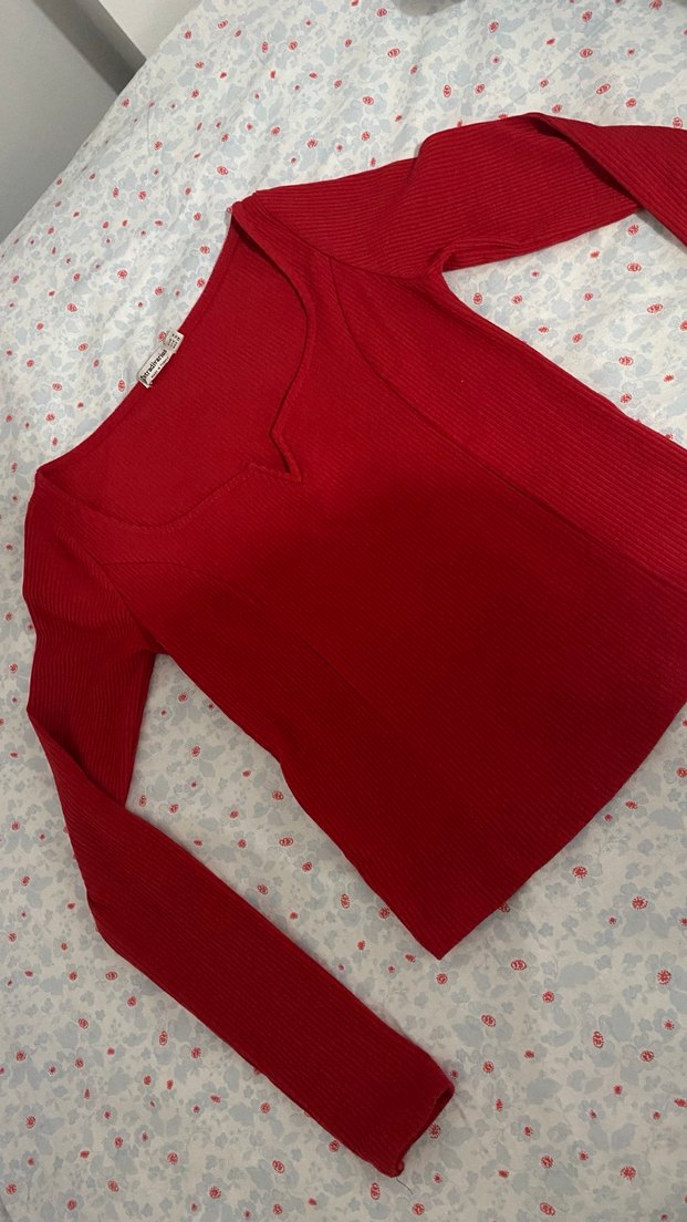 Kırmızı V Yaka Kadın bluz - Görsel 2