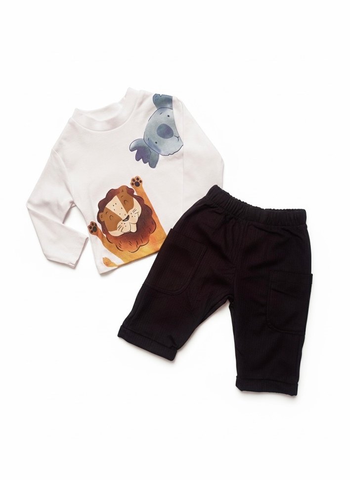 Beyaz Baskılı Uzun Kollu Bebek Erkek Takımı - Görsel 2