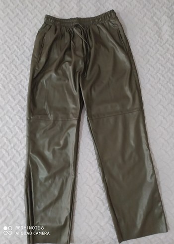 Zara Koyu Haki Deri Kadın Pantolon