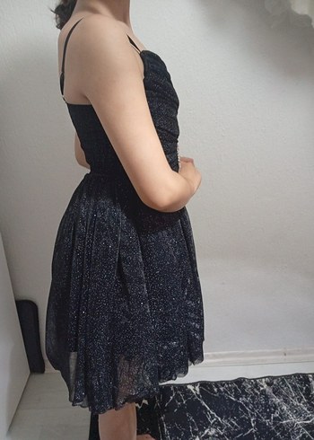 Siyah Pilili Midi Straplez Parti Elbisesi - Görsel 2