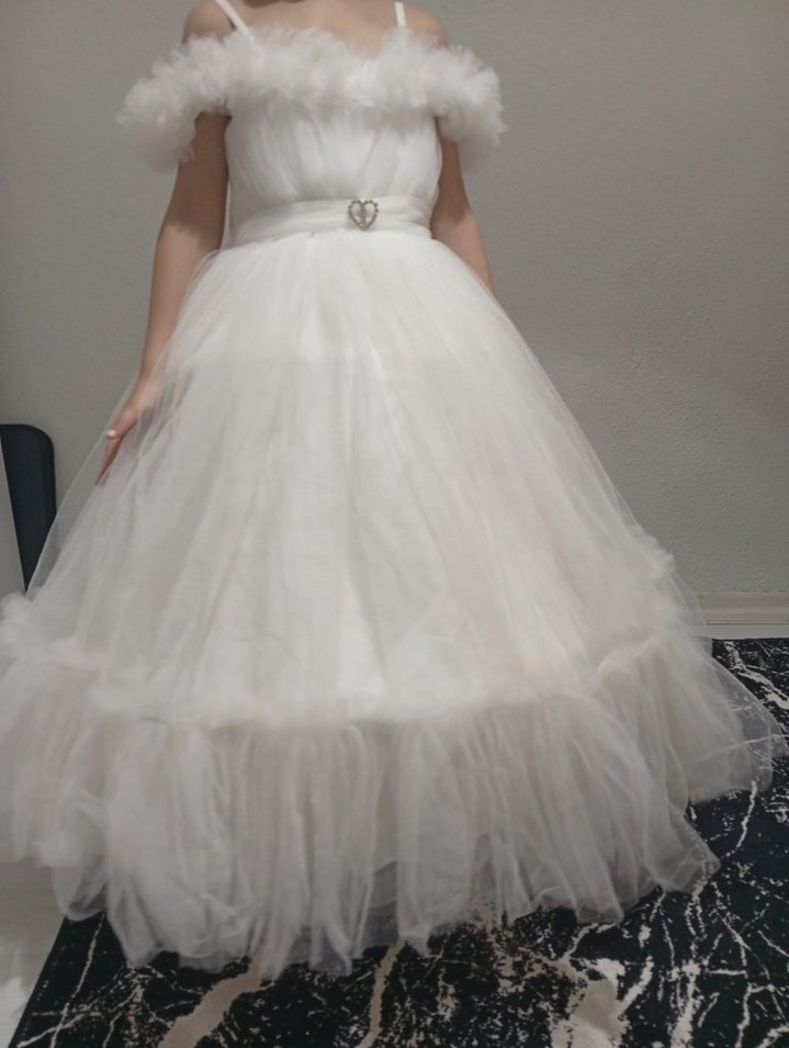 Beyaz Drapeli Straplez Kız Çocuk Abiye - Görsel 2