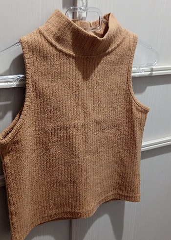 Bej Kolsuz Boğazlı Örgü Triko crop - Görsel 2