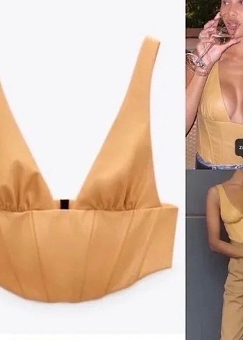 Deri V Yakalı Kemerli Bej Bustiyer - Görsel 2