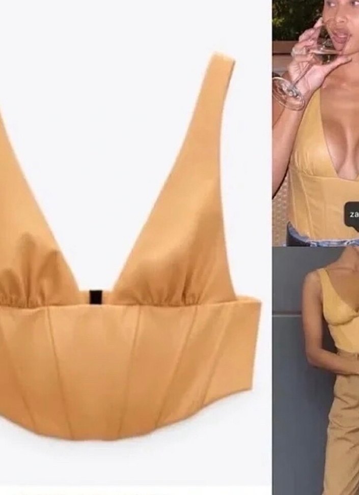 Deri V Yakalı Kemerli Bej Bustiyer - Görsel 2