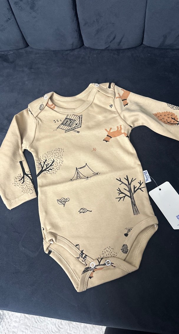 Bej Baskılı Uzun Kollu Bebek Body - Görsel 2