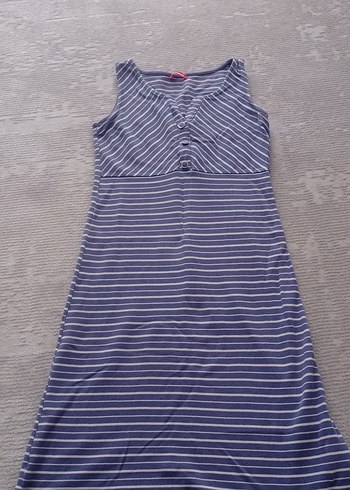 V Yaka Midi Çizgili Mavi Elbise