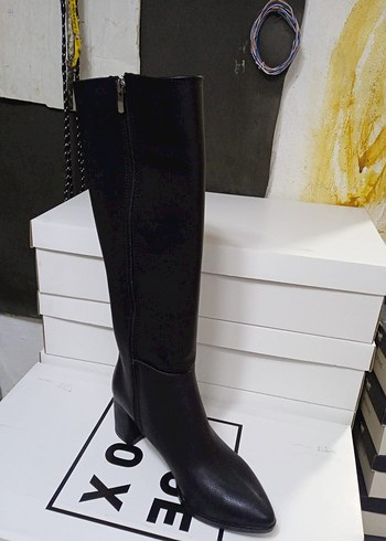 Siyah Deri Dizüstü Stiletto Topuklu Çizme - Görsel 5