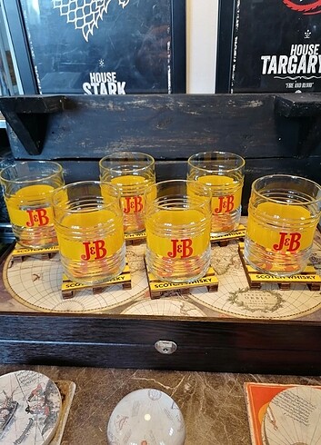 J&B Viski Kadehleri ve Ahşap Bardak Altlıkları 6'şar adet 