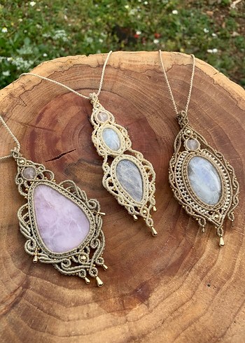 Accessorize Büyük Pembe Kunzit Taşlı Bohem Tasarım Makrome Kolye