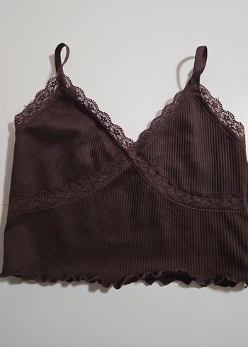 H&M Dantelli Kahverengi Bohem V Yaka Crop Top - Görsel 3