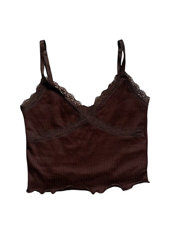 H&M Dantelli Kahverengi Bohem V Yaka Crop Top - Görsel 2