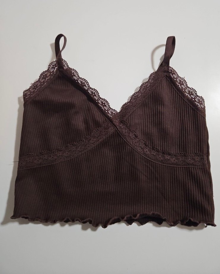 H&M Dantelli Kahverengi Bohem V Yaka Crop Top - Görsel 3