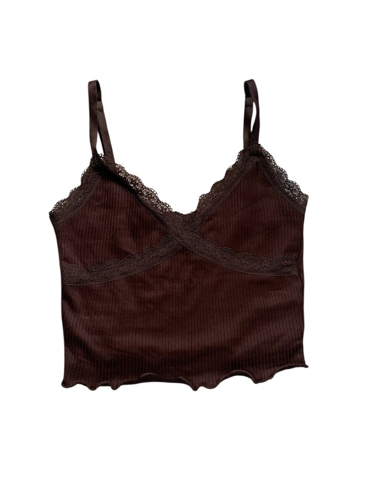 H&M Dantelli Kahverengi Bohem V Yaka Crop Top - Görsel 2