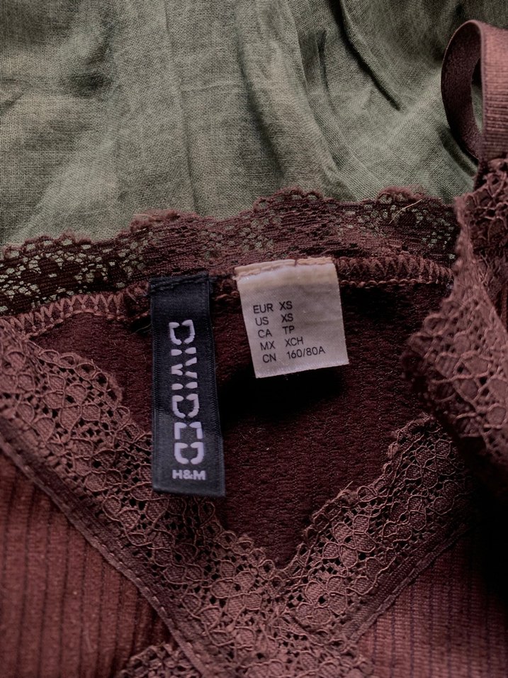 H&M Dantelli Kahverengi Bohem V Yaka Crop Top - Görsel 4