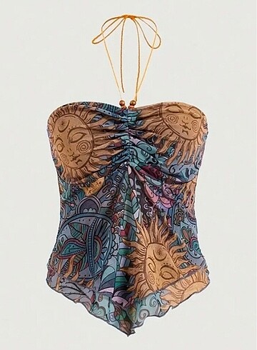 Güneş desenli Shein Hippie Y2K Vintage straplez crop üst