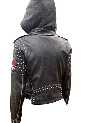 xs Beden Zara Patch Tasarım Zımbalı Kapüşonlu Vintage Deri Ceket