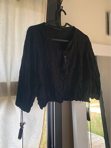 s Beden siyah Renk Müslin Bohem Gotik Püsküllü Crop Bluz
