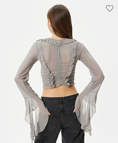 Sheinside Fairycore Tül Fırfırlı Bluz Crop Asimetrik Dökümlü Uzun Kol V Ya
