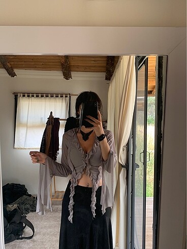 xs Beden gri Renk Fairycore Tül Fırfırlı Bluz Crop Asimetrik Dökümlü Uzun Kol V Ya