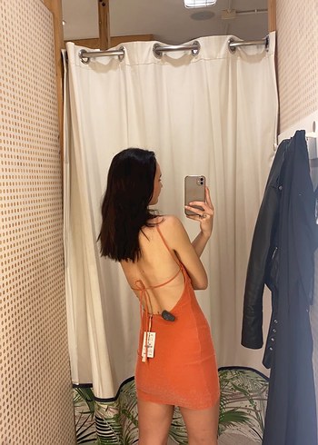 Bershka Turuncu Simli Mini Elbise - Görsel 2